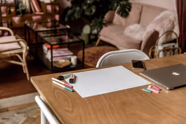A blogging planning session - lots of colourful pens, paper, and a laptop at Studio Cotton.