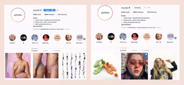 Screenshots of Monki's Instagram side by side.