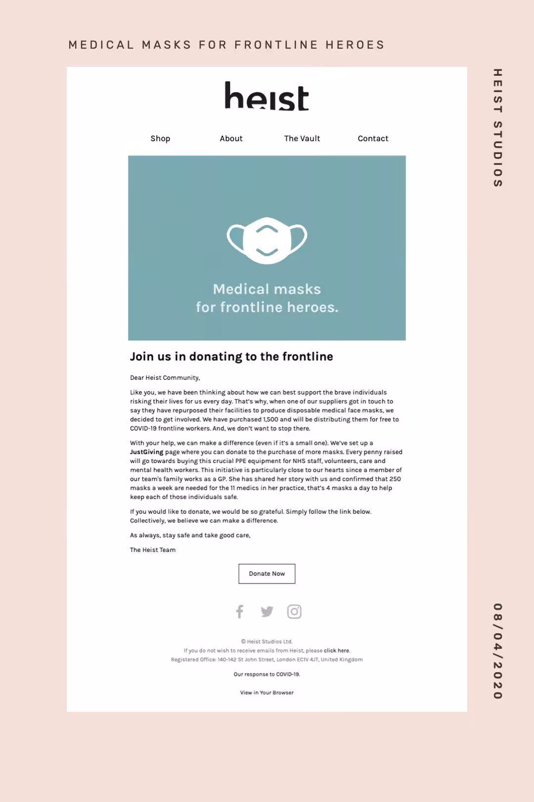 Screenshot of Email Marketing from Heist - 'Join us in donating to the front line'.
