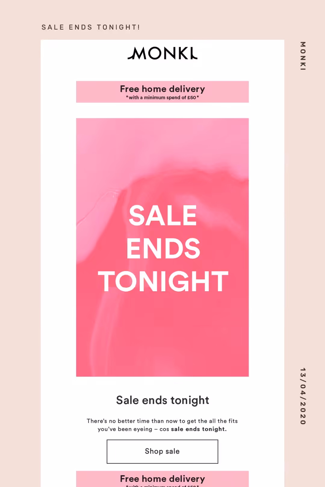 Screenshot of Email Marketing from Monki - 'Sale Ends Tonight'.