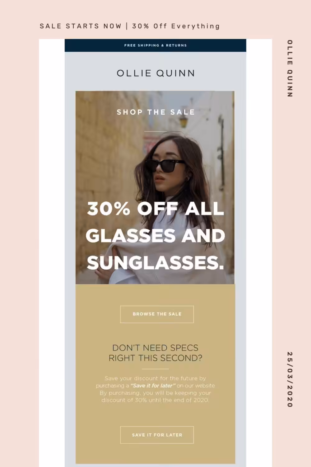 Screenshot of Email Marketing from Ollie Quin - '30% off all glasses and sunglasses'.
