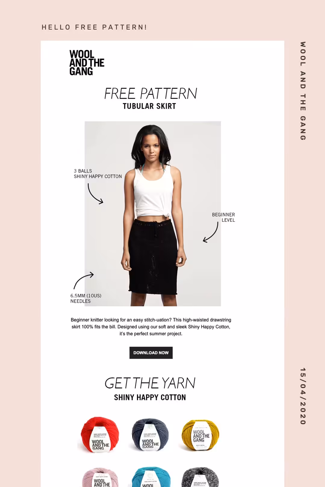 Screenshot of Email Marketing from Wool and the Gang - 'Free pattern'.