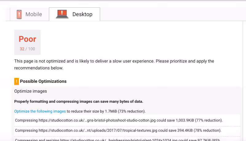Studio Cotton site speed through Google PageSpeed Insights
