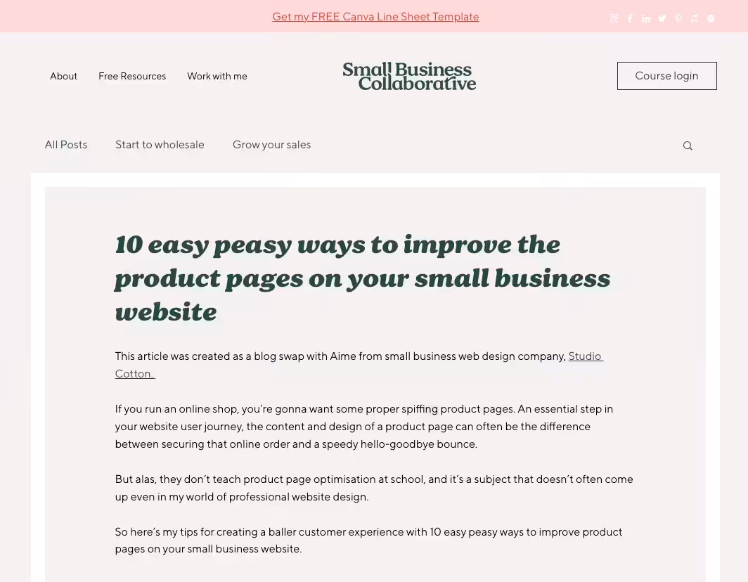 Screenshot of Aime's blog post on Small Business Collaborative.