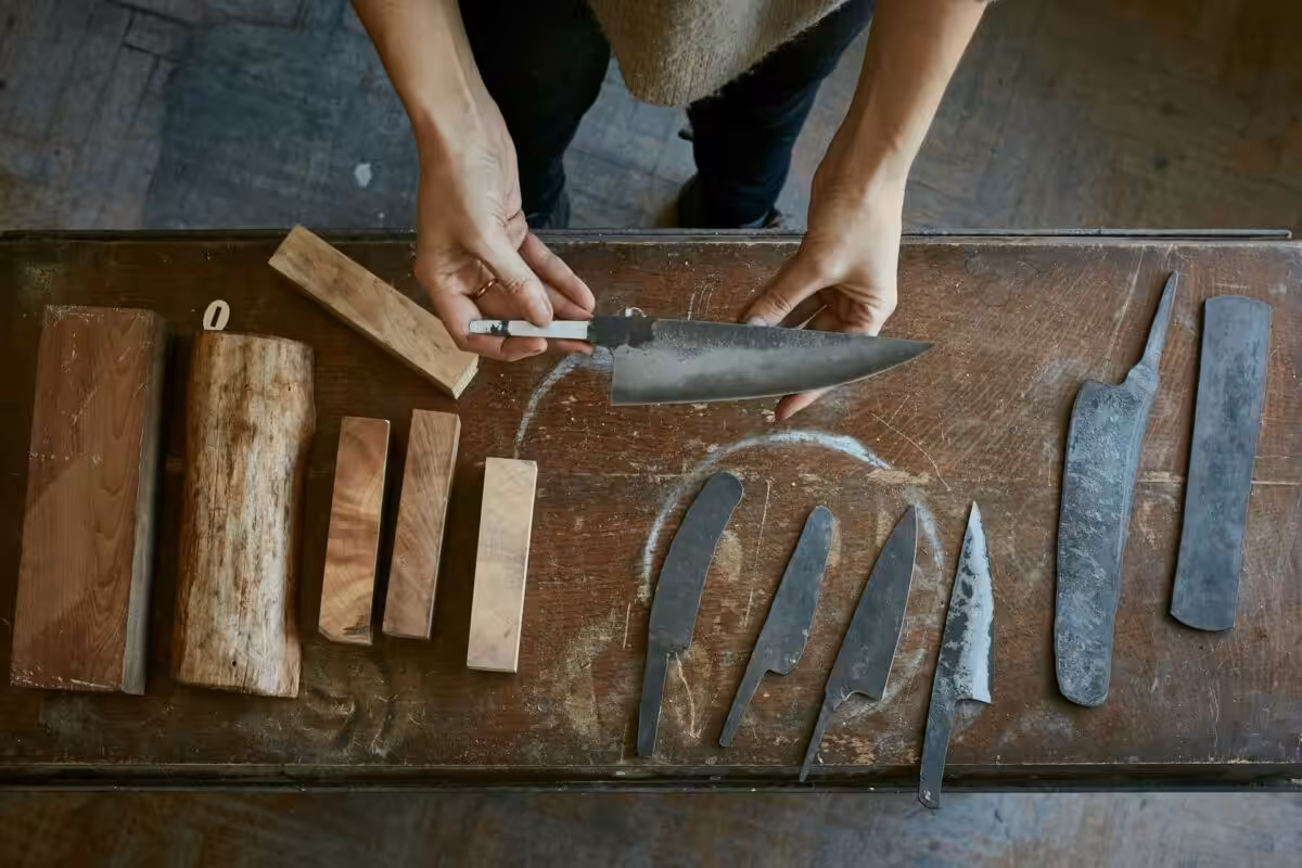 Knives in progress, laid out next to various wood to become the handles.