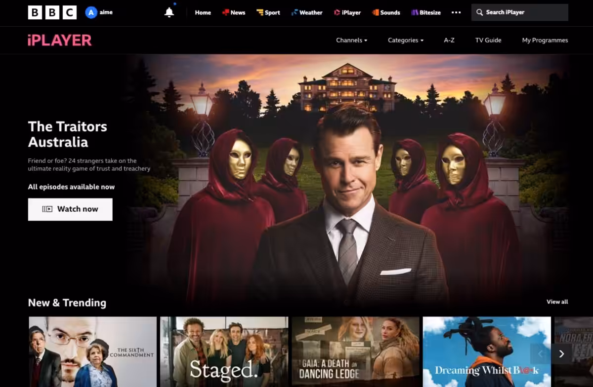 Screenshot of BBC iPlayer's home page