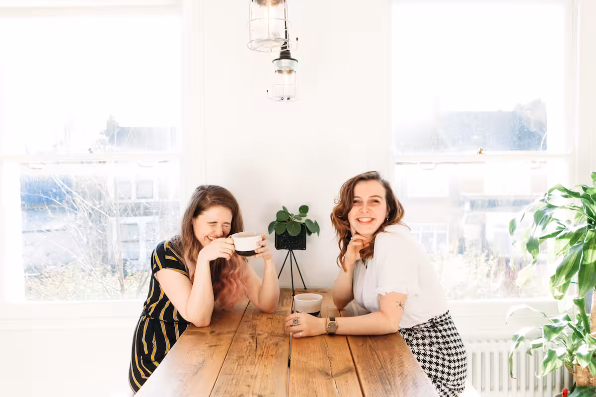 Ellie Kime and Rachel Emma Waring having coffee.