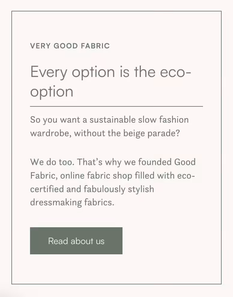 A screenshot from the Good Fabric website showing different levels of heading that help with improving ecommerce homepage SEO