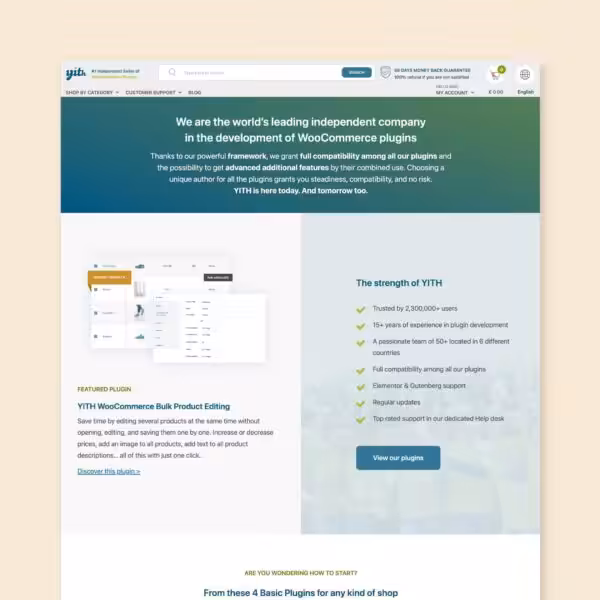 Screenshot of the YITH homepage