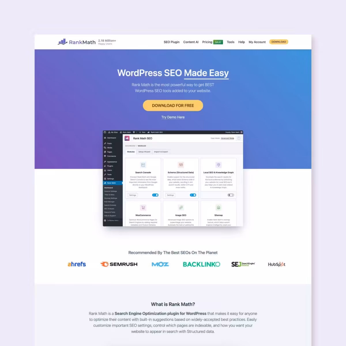 Screenshot of the RankMath homepage