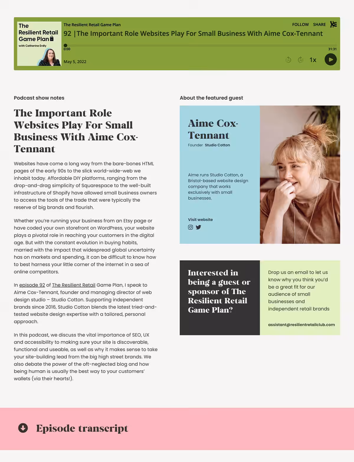 Screenshot of the Resilient Retail Podcast episode page with Aime Cox, showing how to advertise for new sponsors on your podcast website