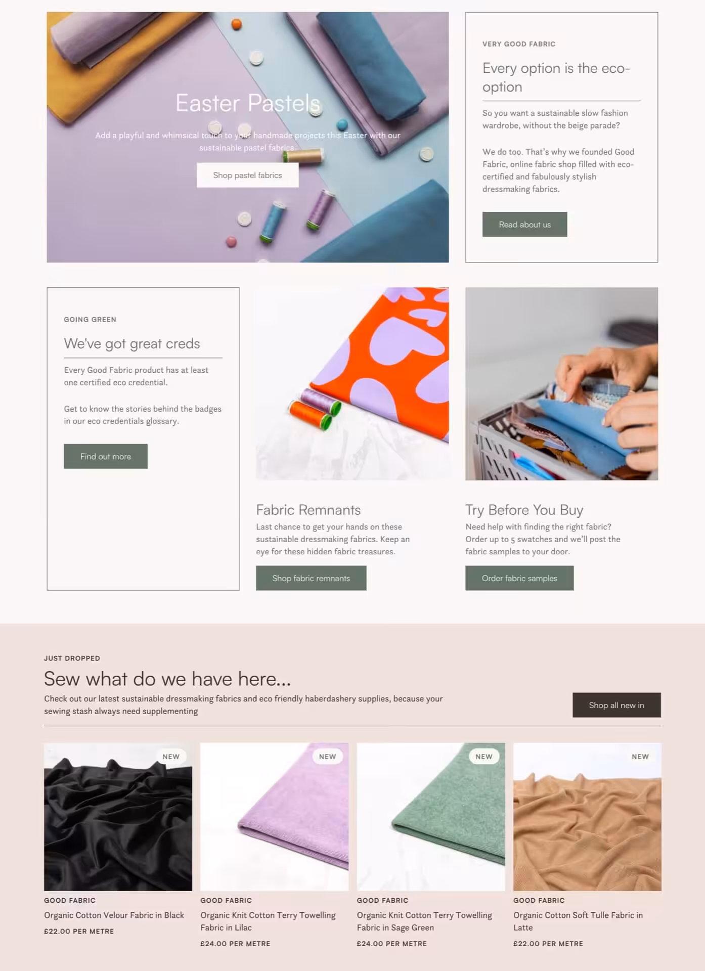 The Good Fabric homepage and it's different sections.