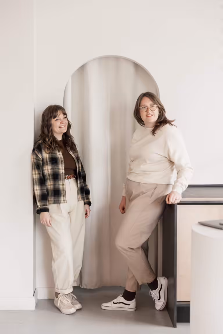 Aime and Lyzi from Studio Cotton Standing together in Greytone Coffee, Bristol.