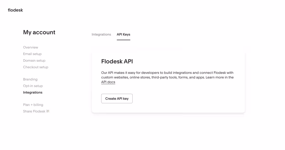 Screenshot: Creating an API Key via My account on Flodesk