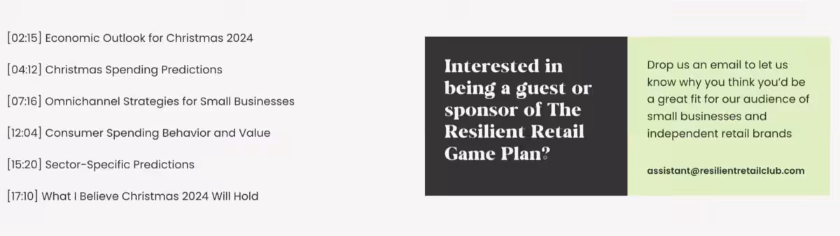 Screenshot showing use of timestamps on a podcast website - The Resilient Retail Game Plan Podcast