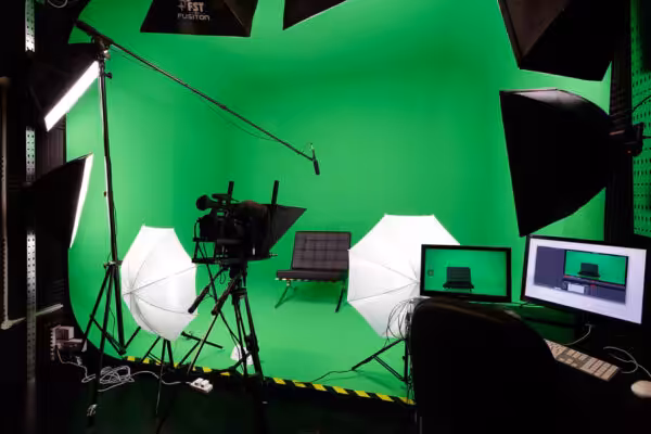 film studio with green screen background.