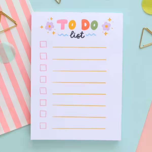 Cute colourful bubble font reads "to do list" with lines and check boxes