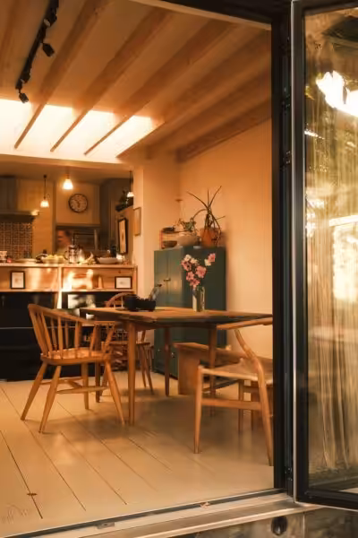 Looking through glass doors to Greenbank Kitchen Studio