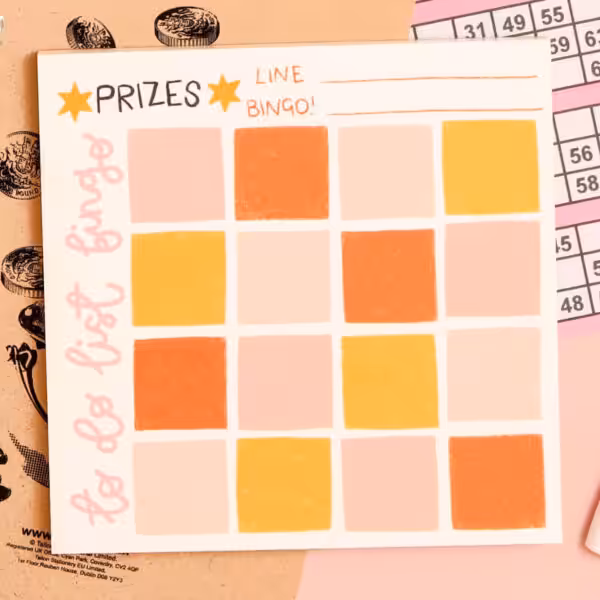 Pink and yellow "to do list bingo" with coloured boxes to write to dos in