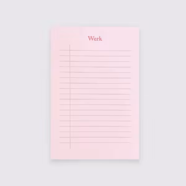 Pale pink lined notepad with the word "Werk" at the top