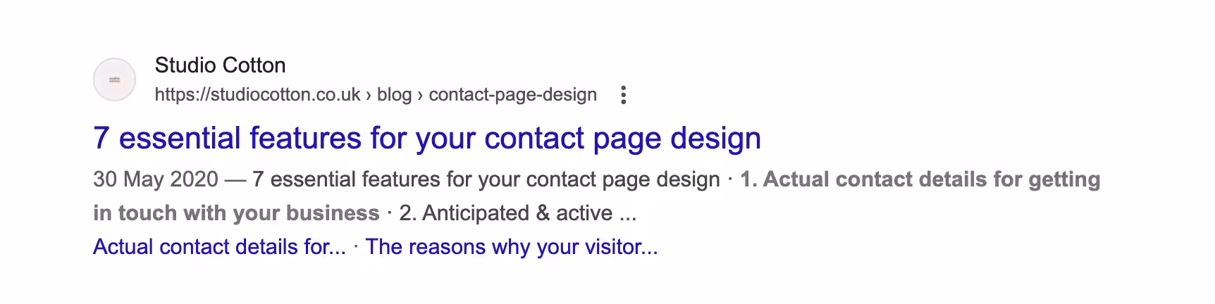 Screenshot of one of the Studio Cotton blog articles in Google search results showing TOC links