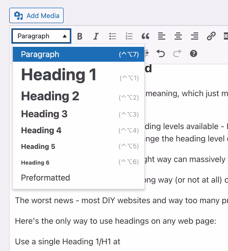 The WordPress heading level switcher (screenshot)