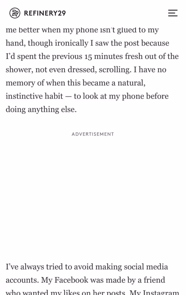 Screenshot: Ad space within an article on Refinery29