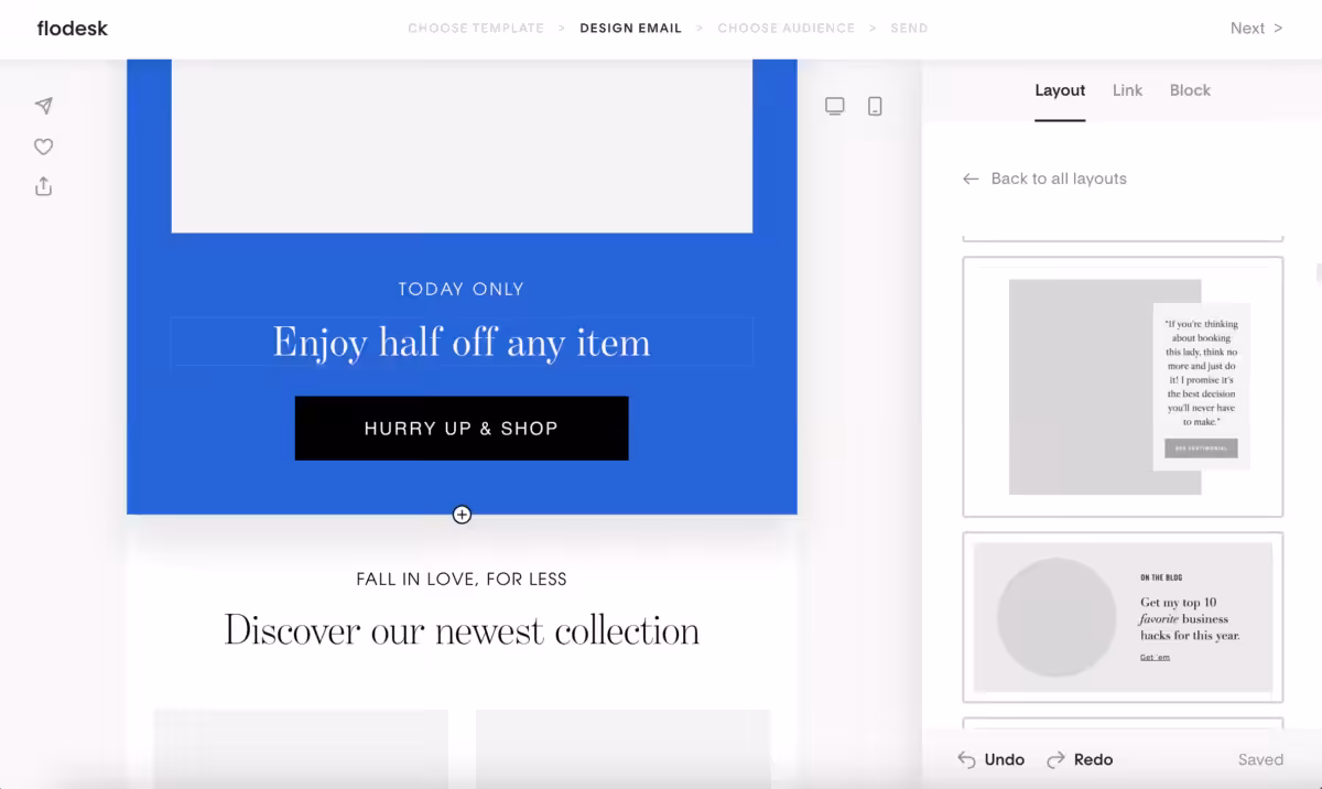 Screenshot: Flodesk's design interface.