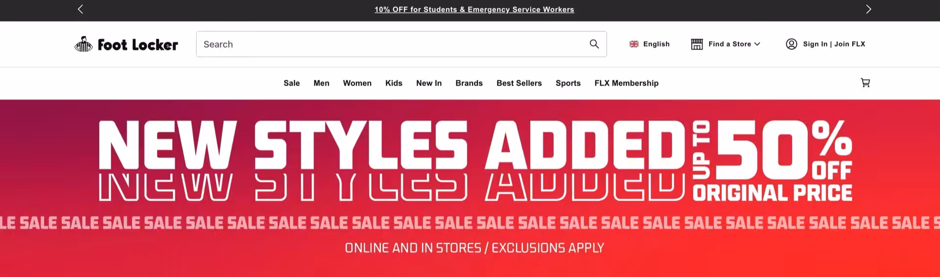Footlocker: Summer sale banner has a red gradient background, with lots of white text, "sale" "up to 50% off". 
