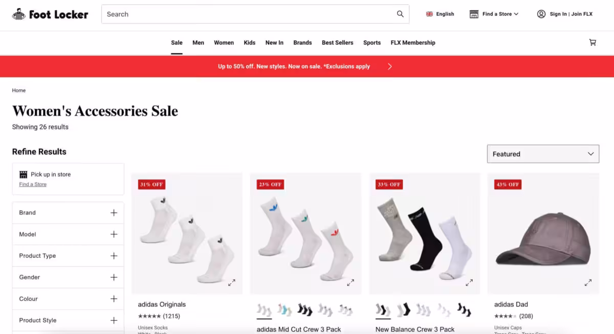 Foot Locker: Product images have red sales badges in the corner, "75% off", "25% off".