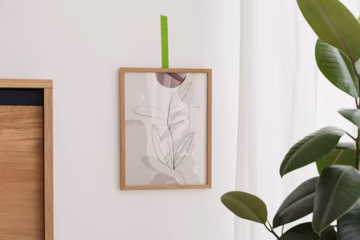 Decorator's tape holding up a framed drawing.