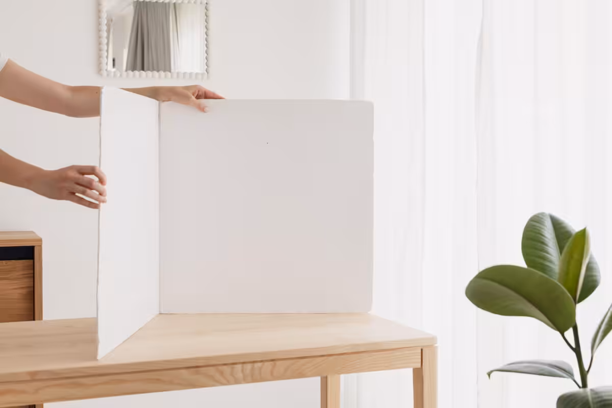 Two squares of white foam board in a wide v-shape.