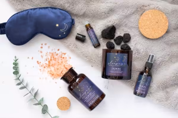 Sleep mask, bath salts, sleep stones, roller ball and pillow mist made by the Somerset Toiletry Co