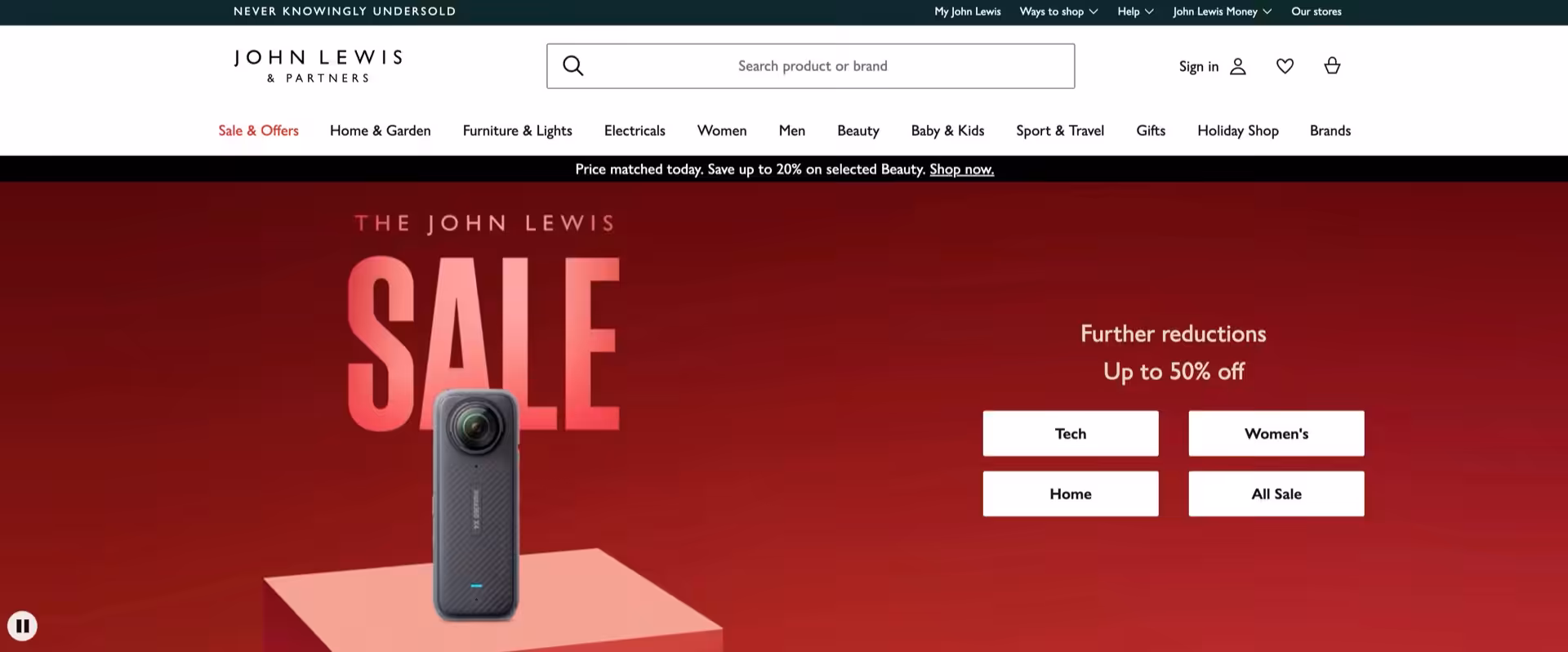 John Lewis: Sales banner with four buttons, "Tech, "Women's", "Home", "All Sale".