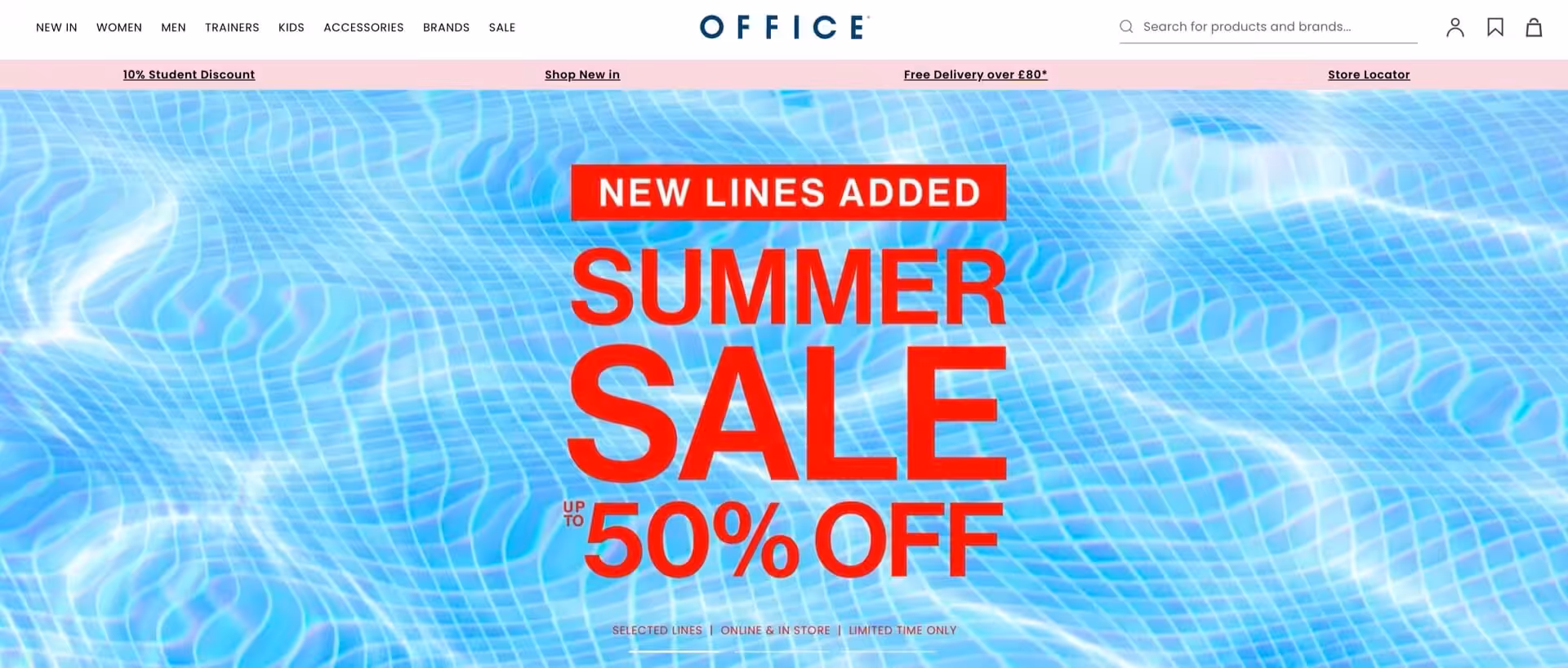 Office: Summer sale banner "Summer sale, 50% off" in red text, picture of rippling water in a pool underneath.
