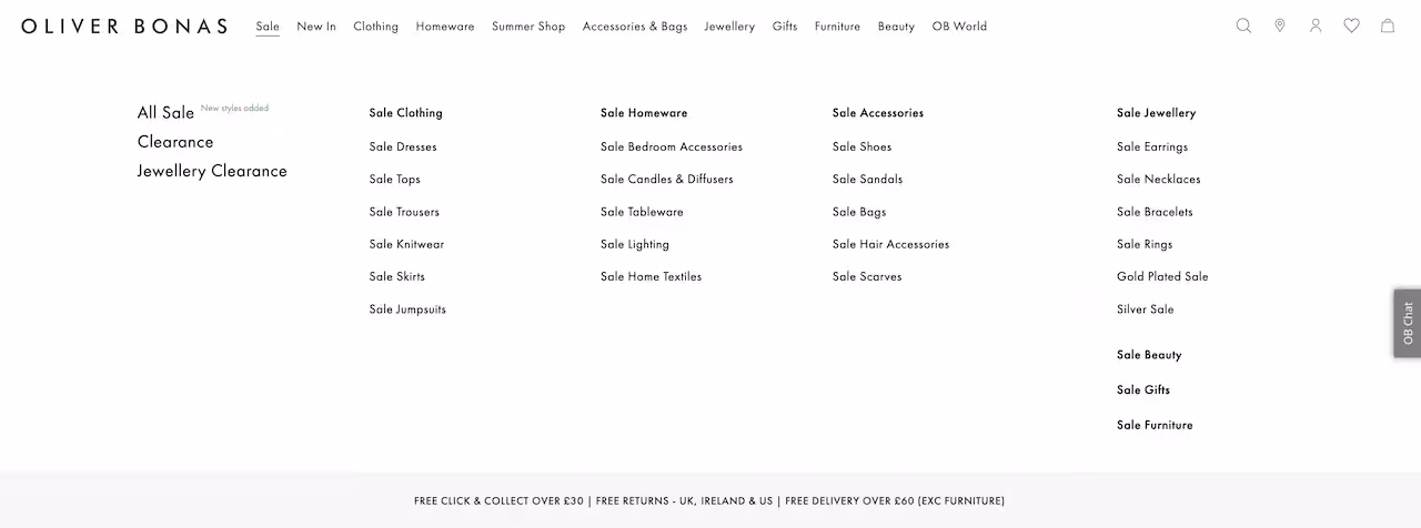 Screenshot: Oliver Bonas sale sub-menu showing sale sub-categories.