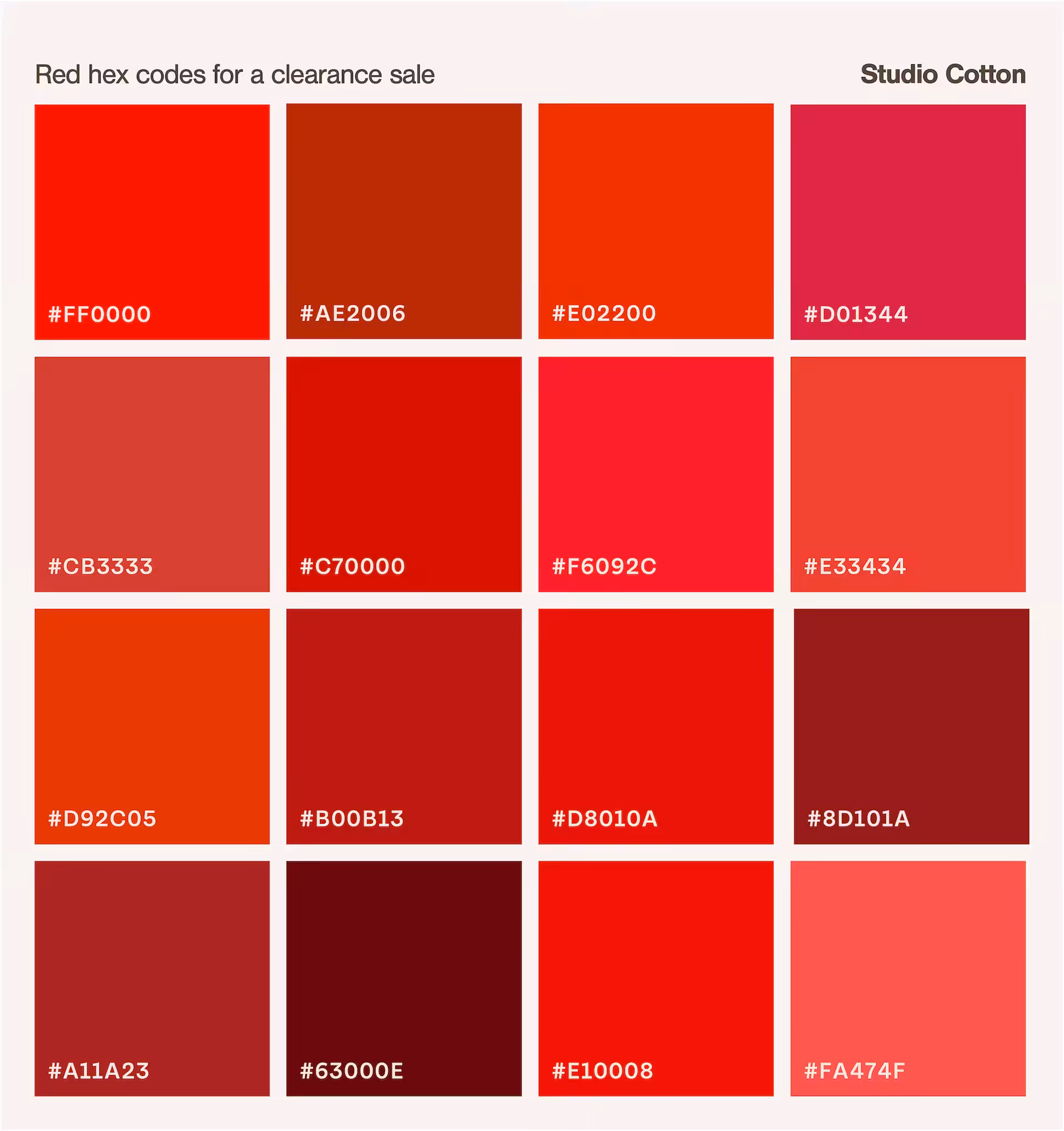 A grid of Sale Red hex codes for your next sale banner.