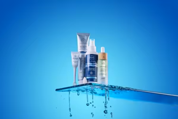 Hervitality products on a glass board with water drips on a blue background