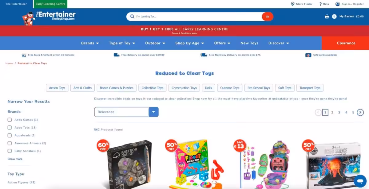 The Entertainer: Products have red sales badges in the corner of the image, "50% off", "60% off".