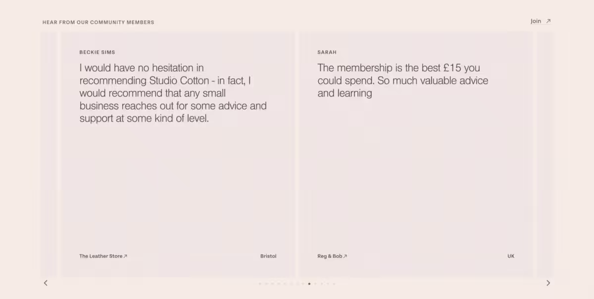 Screenshot of testimonials from our community page featuring a tiny location credit in the bottom corner