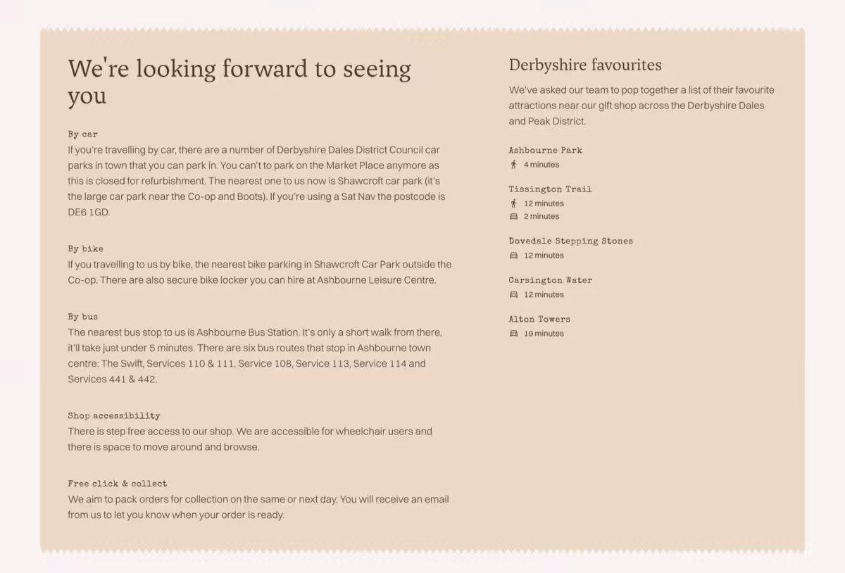 Screenshot: 'visit the store' section on Handmade Designs with shoutouts local landmarks and transport options.