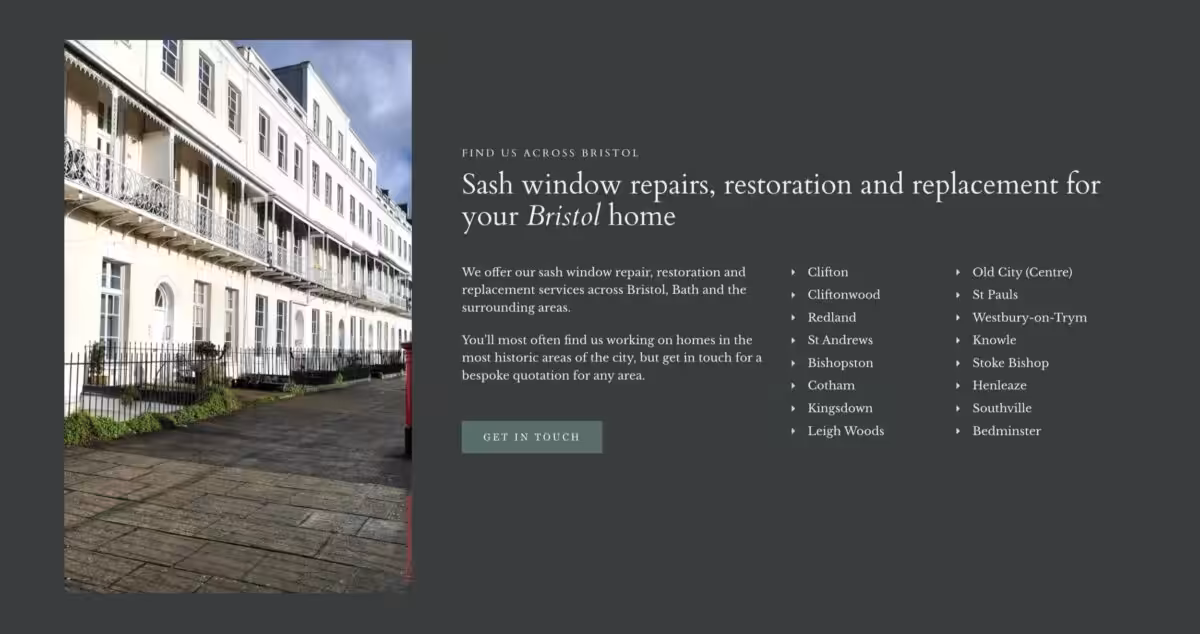 Screenshot: New life sash windows with a list of Bristolian suburbs