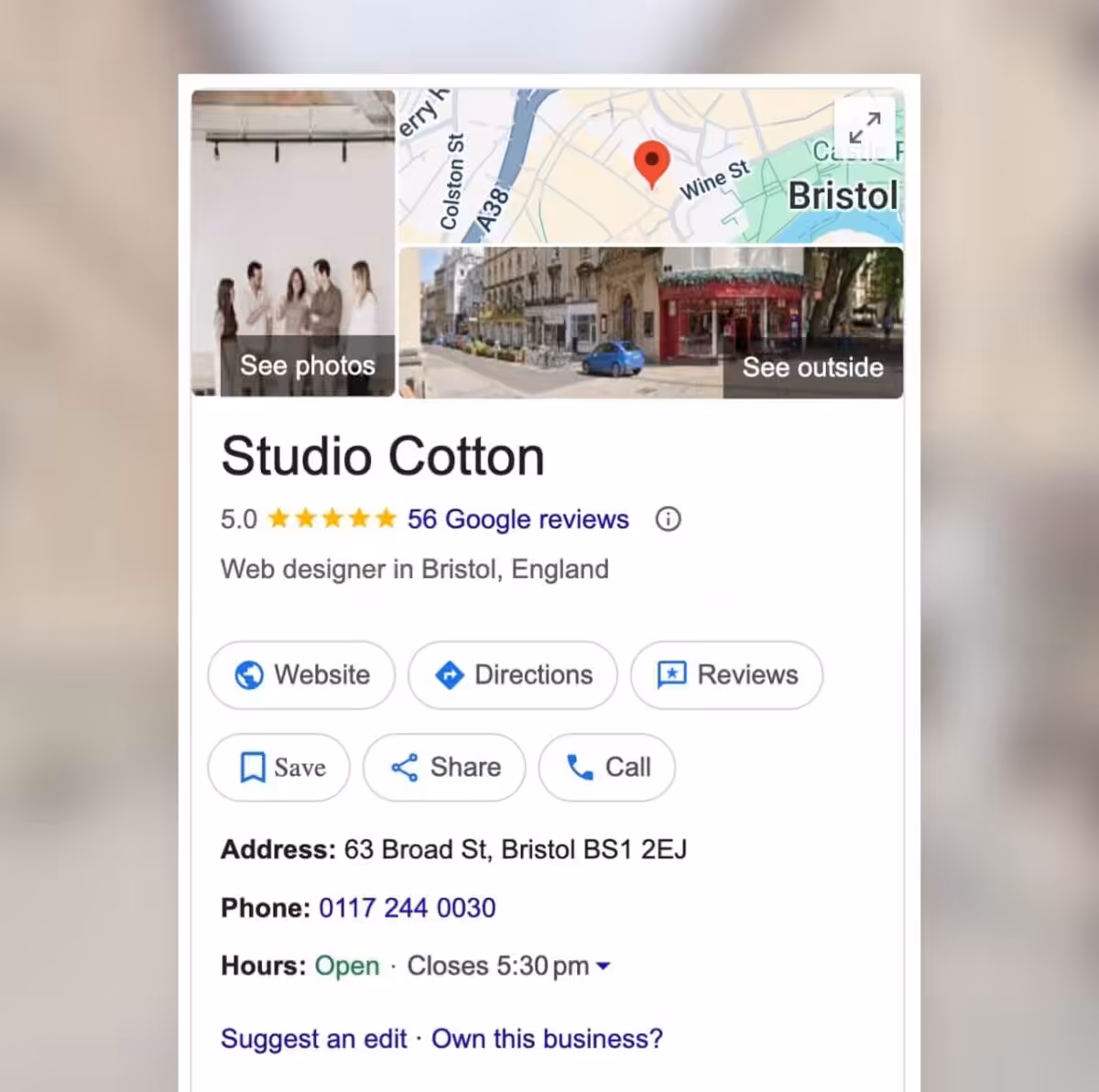 Screenshot of Studio Cotton's listing in Google Business